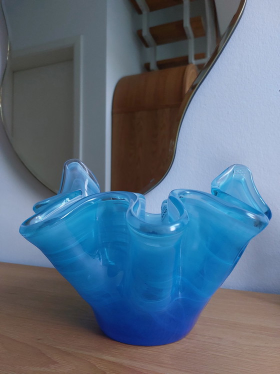 Image 1 of Murano Glas Schale Bowl Blau Flower Welle