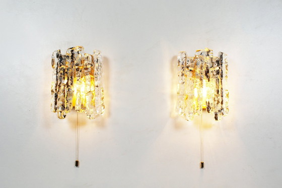 Image 1 of 2X Messing und schweres Eis Glas Sconces von Kalmar, Österreich 1970'S