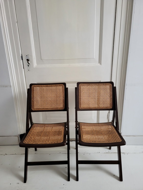 Image 1 of 2x Vintage Klappstühle aus Gurtband und Holz