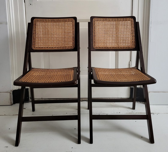 Image 1 of 2x Vintage Klappstühle aus Gurtband und Holz