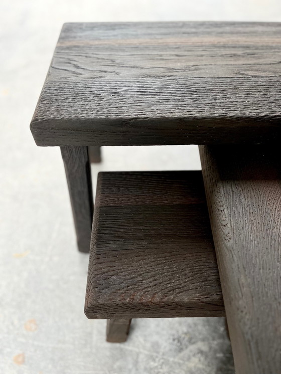 Image 1 of 3x Brutalist Beistelltische aus Schwarz Eiche