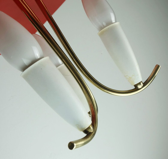 Image 1 of Wunderschöne 3-Licht-Pendelleuchte aus der mid century aus den 1950er Jahren, Messing, Metall, Kunststoff, Stilnovo-Ära