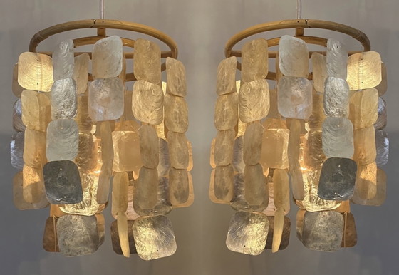 Image 1 of 2x Set Bambus-Capiz-Muschel-Hängelampen im Vintage-Stil