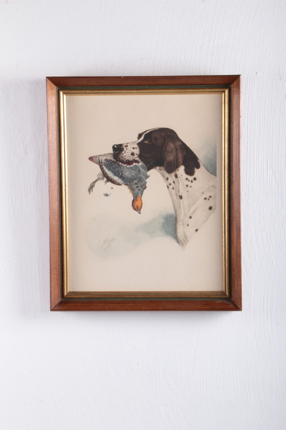 Image 1 of Französischer handgezeichneter Jagdhund mit Rebhuhn, Boris Riab 1898-1975