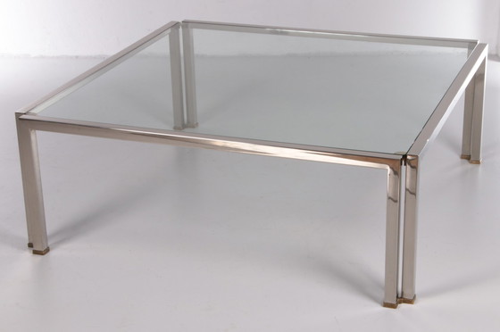 Image 1 of Glas-Couchtisch Peter Ghyczy Modell T28d Inox mit Messing 1986