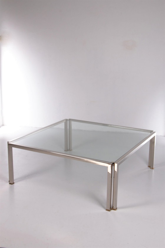 Image 1 of Glas-Couchtisch Peter Ghyczy Modell T28d Inox mit Messing 1986