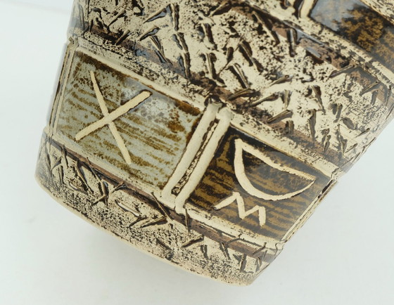 Image 1 of 1950er PFLANZTOPF abstraktes Sgraffito-Dekor in Braun und Beige