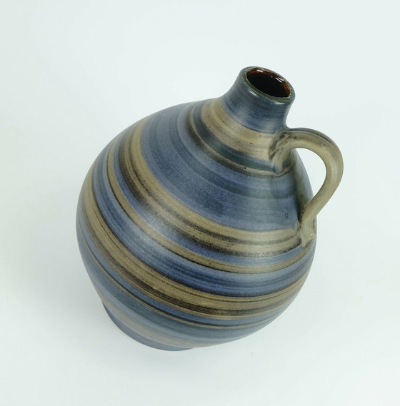 Image 1 of Vasenkrug aus den 1950er Jahren mit Streifenmuster in Blaubraun Schwarz, Modell 252/30