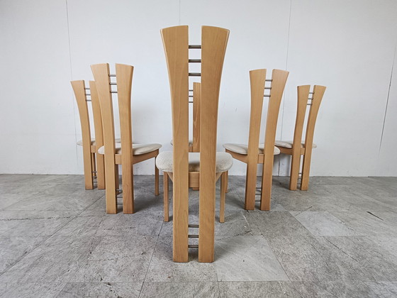 Image 1 of 6x Vintage Esszimmerstuhl aus Holz mit hoher Rückenlehne