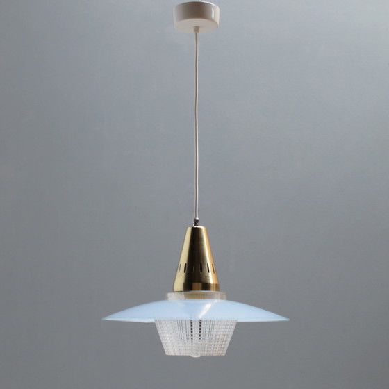 Image 1 of Pendelleuchte aus Messing und Blau Glas