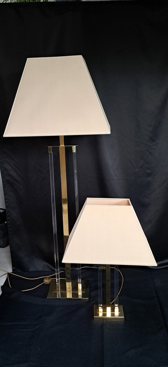 Image 1 of 2x Lucite-Lampen, Messing und Plexiglas