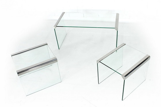Image 1 of Gallotti & Radice T35 R Coffee Table Set, Satztische,  Italien 1975, Edelstahl + Kristallglas