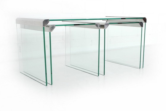 Image 1 of Gallotti & Radice T35 R Coffee Table Set, Satztische,  Italien 1975, Edelstahl + Kristallglas