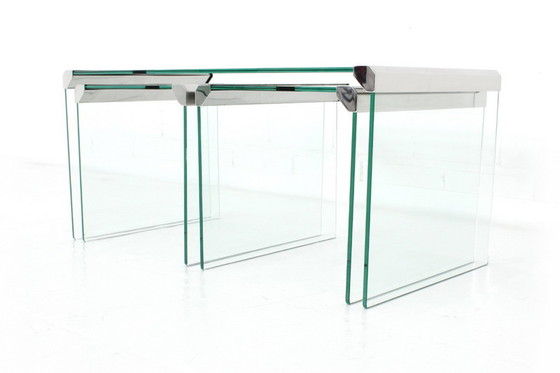 Image 1 of Gallotti & Radice T35 R Coffee Table Set, Satztische,  Italien 1975, Edelstahl + Kristallglas