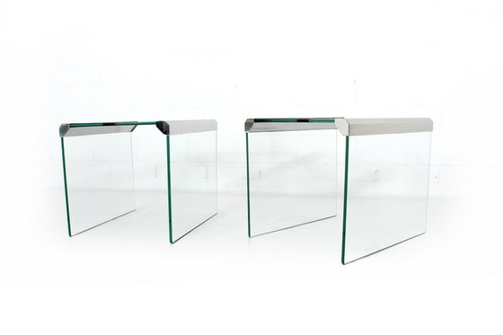Image 1 of Gallotti & Radice T35 R Coffee Table Set, Satztische,  Italien 1975, Edelstahl + Kristallglas