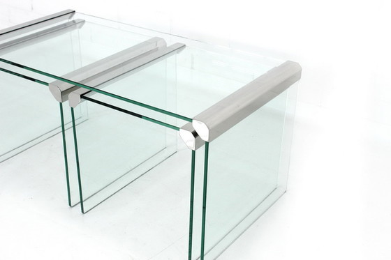Image 1 of Gallotti & Radice T35 R Coffee Table Set, Satztische,  Italien 1975, Edelstahl + Kristallglas