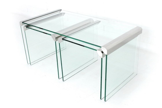 Image 1 of Gallotti & Radice T35 R Coffee Table Set, Satztische,  Italien 1975, Edelstahl + Kristallglas