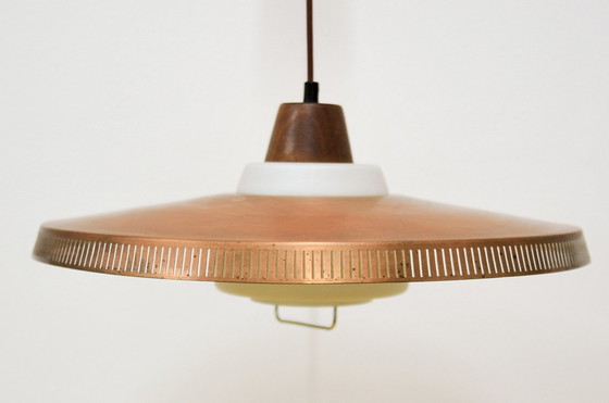 Image 1 of Hängeleuchte aus Kupfer, Milchglas und Teakholz Bent Karlby