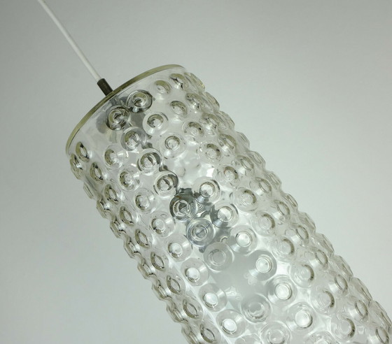 Image 1 of riesige zylindrische Stablampe, Hängeleuchte, Blasenglas, geätztes Glasdesign, Rolf Krueger, 1967