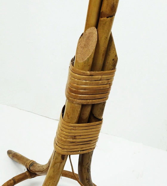 Image 1 of seltene Stativ-STEHLEUCHTE aus der mid century, Bambus-Rattan, 50er Jahre, Hawaii-Tiki-Ära, 3 Schirme