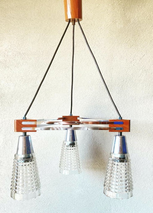 Vintage Hängelampe aus Chrom/Teakholz