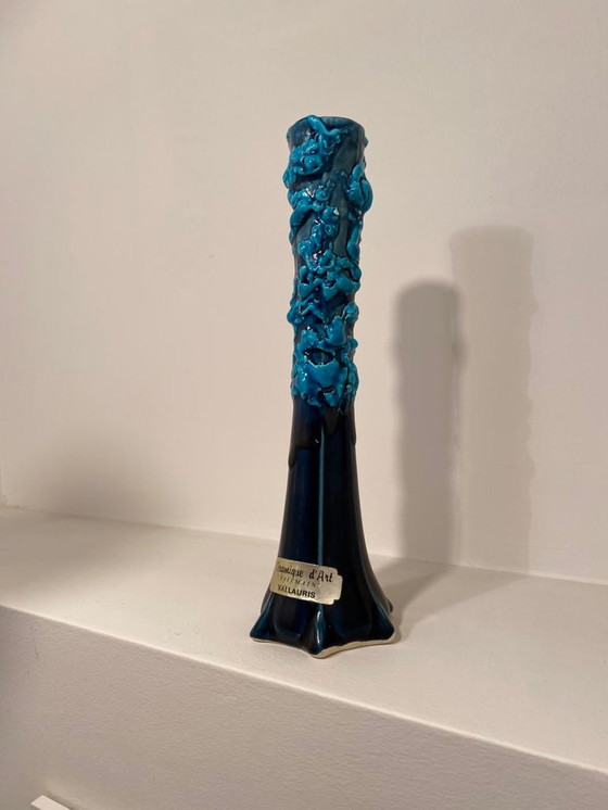Image 1 of Mid-Century Modern Vallauris France glasierte blaue Keramikvase signiert