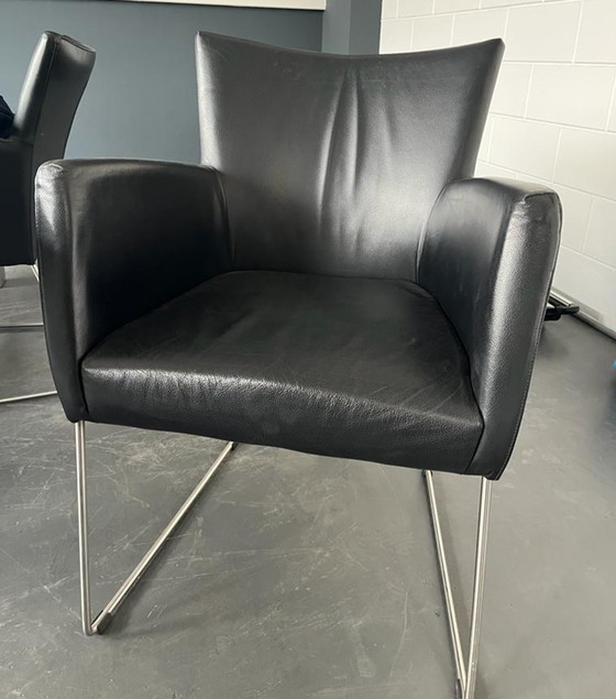 Image 1 of Esstisch mit Edelstahlbeinen und 6x Stühlen aus schwarzem Leder