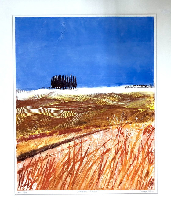 Image 1 of Farbradierung: Zypressen Toskana. Signiert und gerahmt.