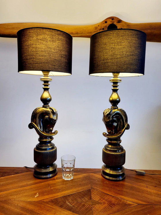 Image 1 of Hollywood Regency Set aus großen Tischlampen, Horse Head Design, Deknudt, Belgien, 1970er Jahre