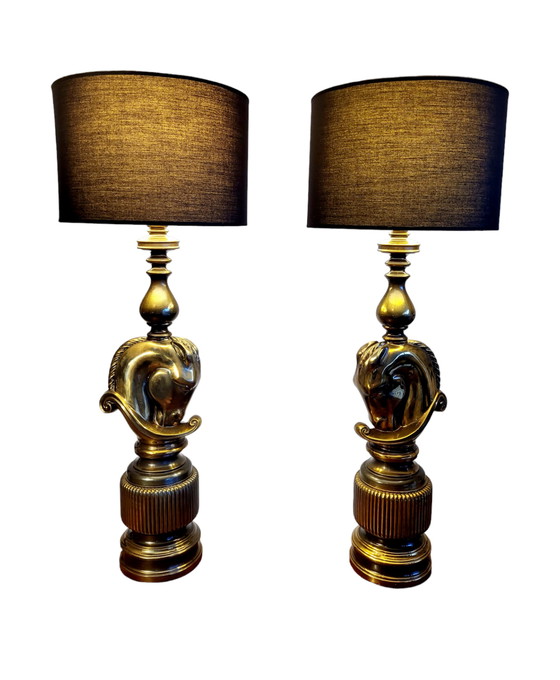 Image 1 of Hollywood Regency Set aus großen Tischlampen, Horse Head Design, Deknudt, Belgien, 1970er Jahre