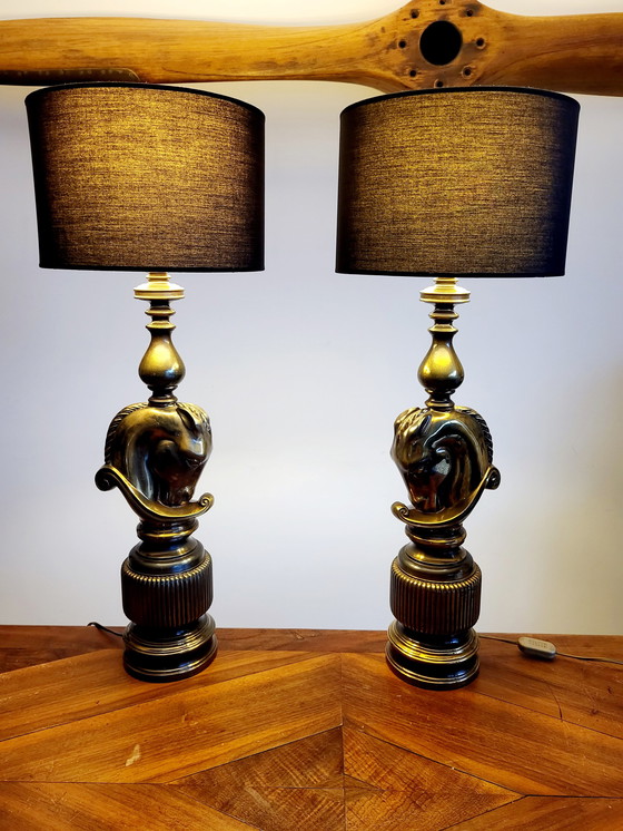 Image 1 of Hollywood Regency Set aus großen Tischlampen, Horse Head Design, Deknudt, Belgien, 1970er Jahre