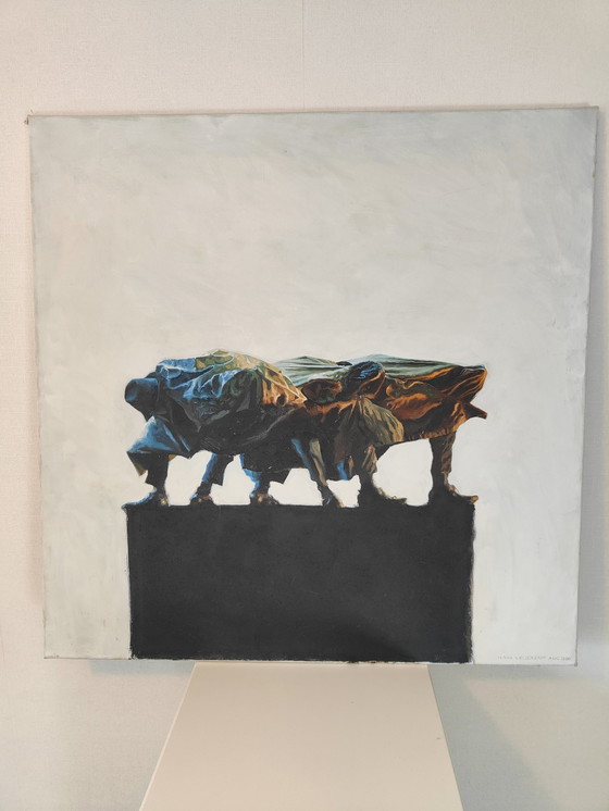 Image 1 of Hans Leijerzapf Ölgemälde "Glückliche Drillinge auf Grün".