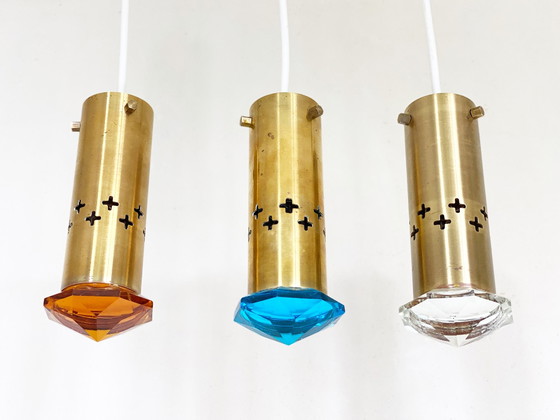 Image 1 of 3x Helmer Andersson für Örsjö Hängelampen, Messing und farbiges Glas