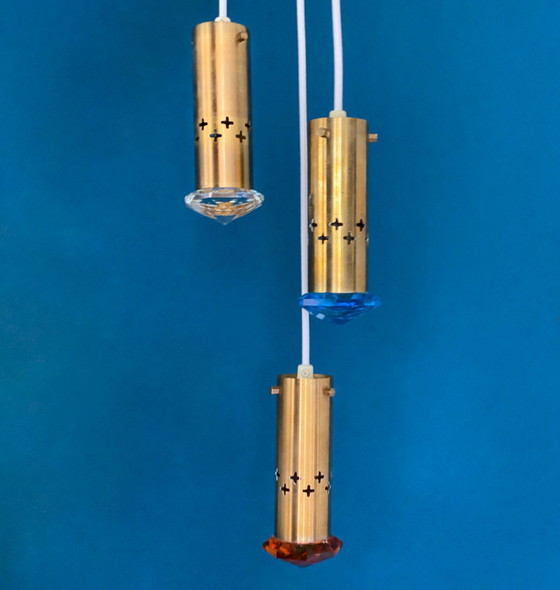 Image 1 of 3x Helmer Andersson für Örsjö Hängelampen, Messing und farbiges Glas
