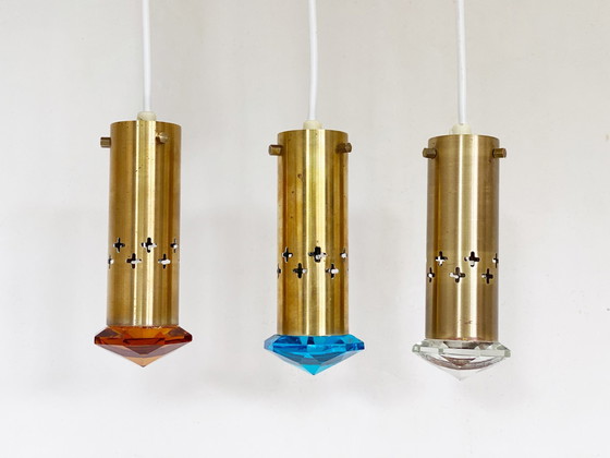 Image 1 of 3x Helmer Andersson für Örsjö Hängelampen, Messing und farbiges Glas